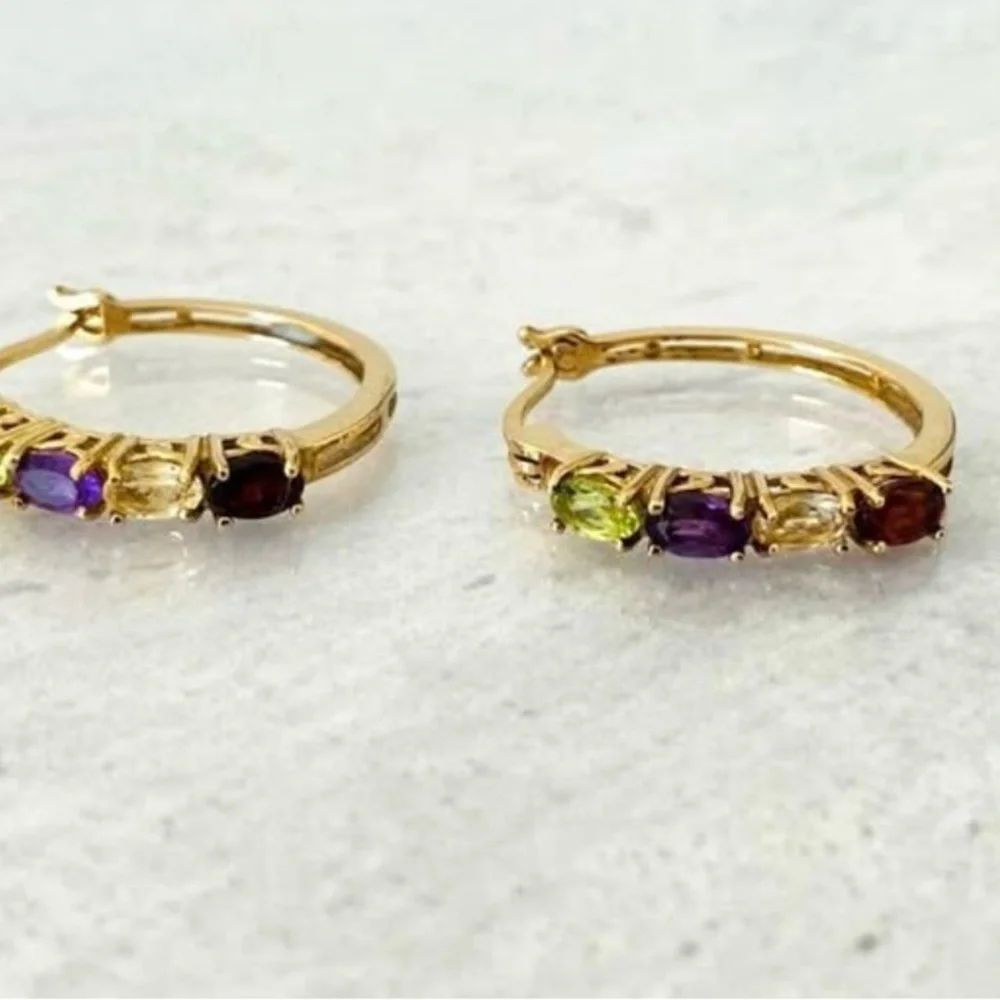 Elegant Mixed Gems Gold over Sterling Hoop Earrings [Never Worn] - Picture 4 of 4